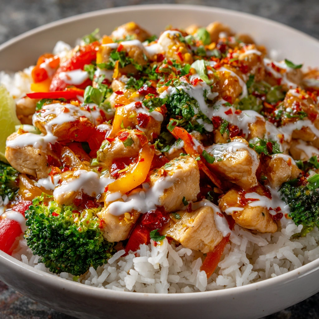 Irresistible Sweet Chili Chicken Bowl with Coconut Lime Drizzle Awaits!