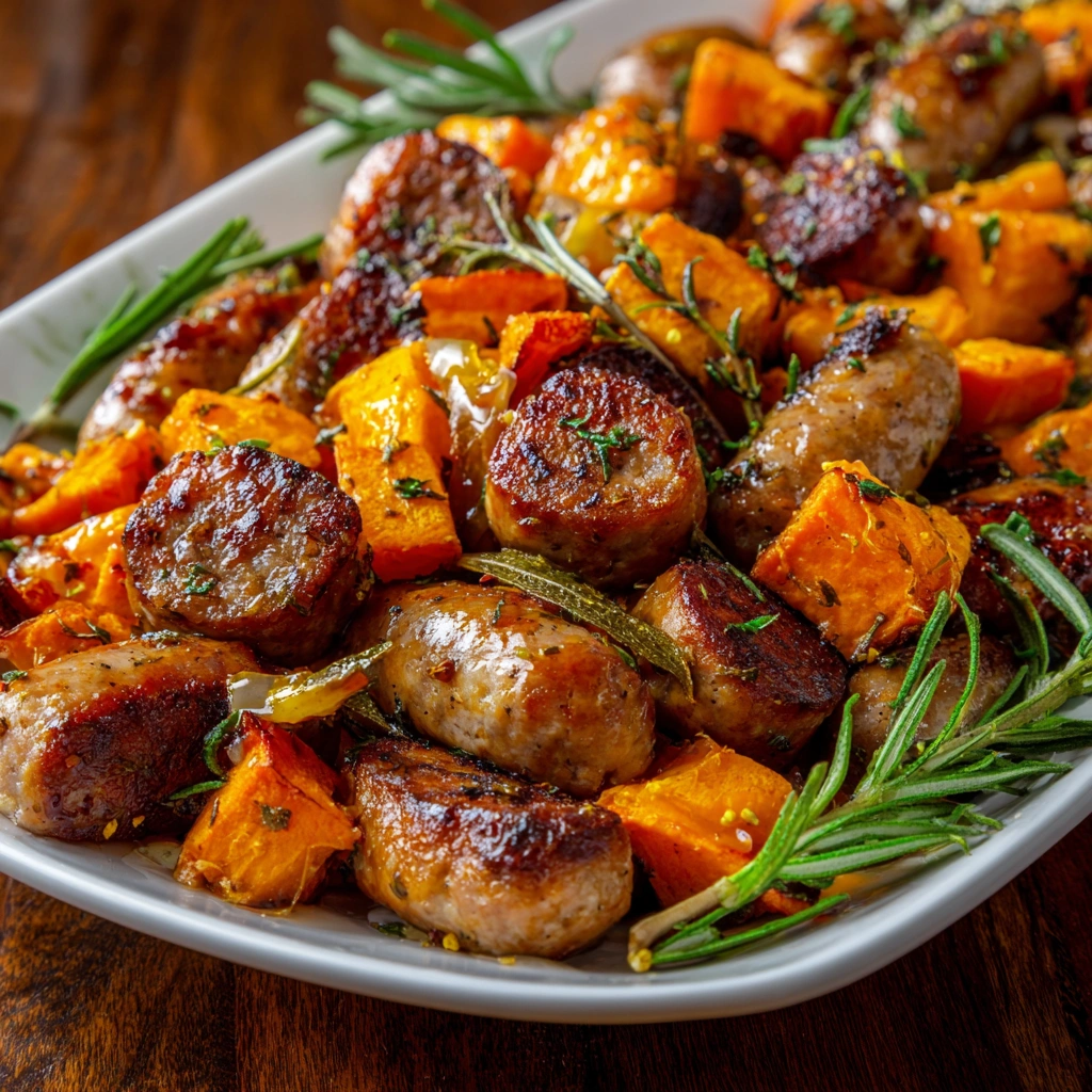 Sheet Pan Sausage and Sweet Potatoes with Honey Garlic Sauce Made Easy!