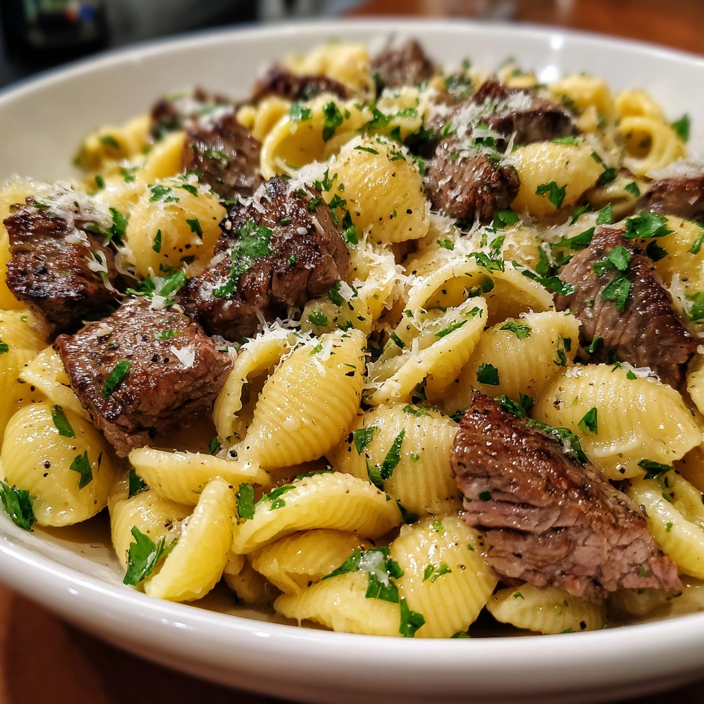 Steak Bites and Shell Pasta in Garlic Butter Alfredo Sauce: A Deliciously Simple Recipe!