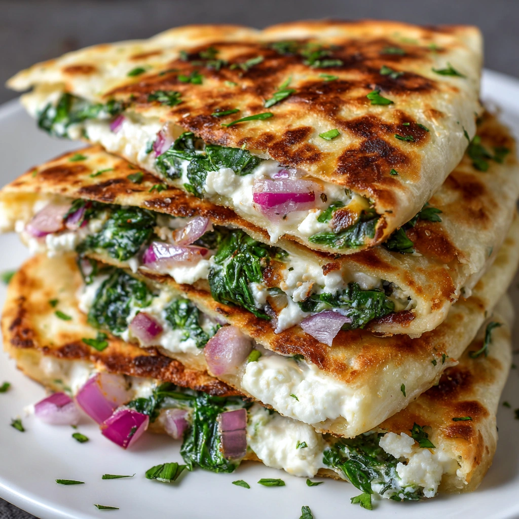Mediterranean Quesadillas with Spinach, Feta, Mozzarella, and Red Onion are a flavorful delight!