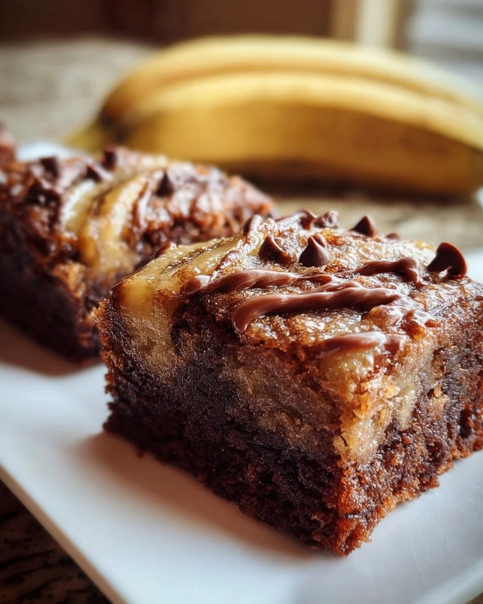 Decadent banana bread brownies topped with chocolate and nuts