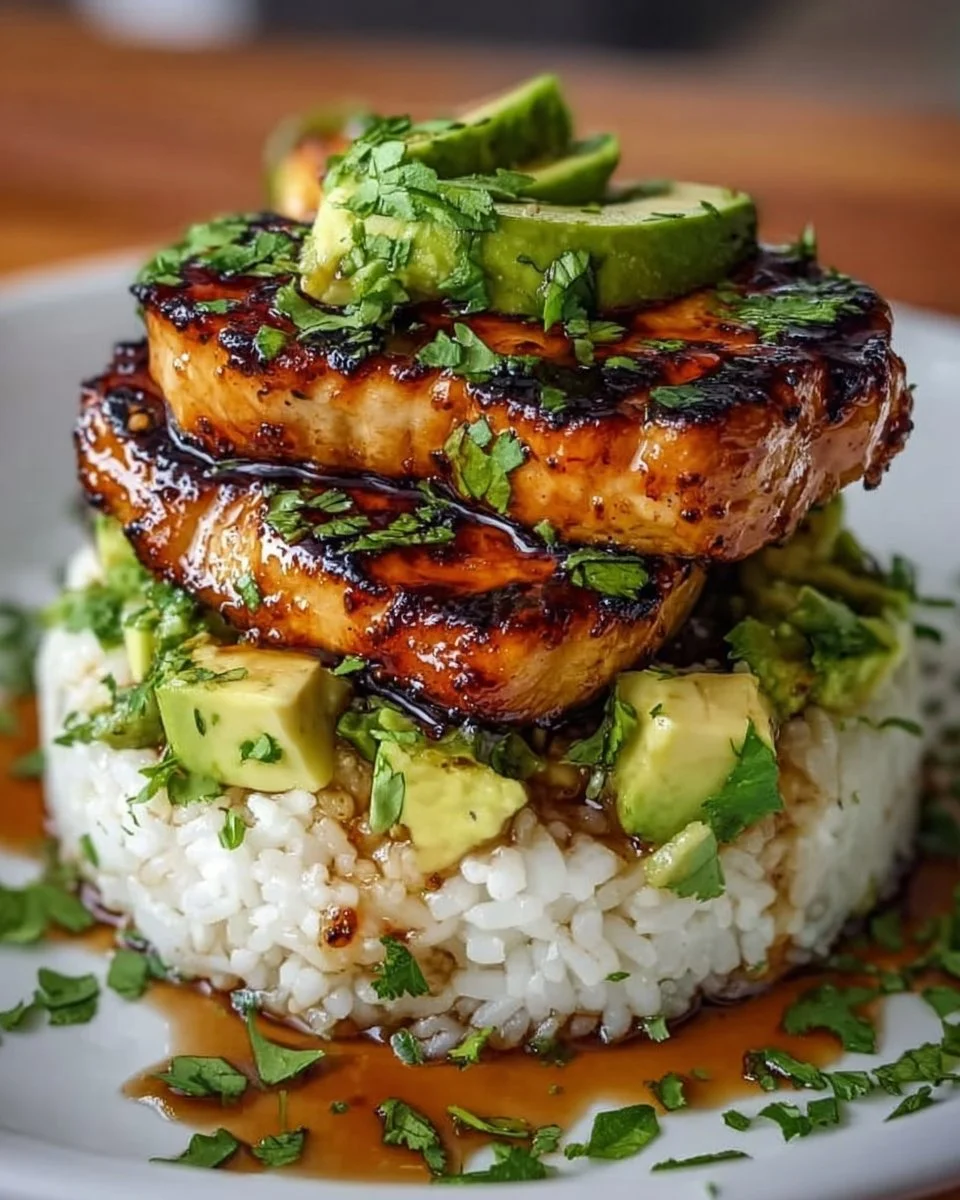 Delicious Honey Lime Chicken &amp; Avocado Rice Stack Recipe