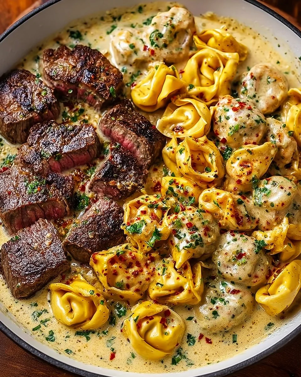 Garlic Steak &amp; Cheese-Filled Tortellini Skillet Bliss