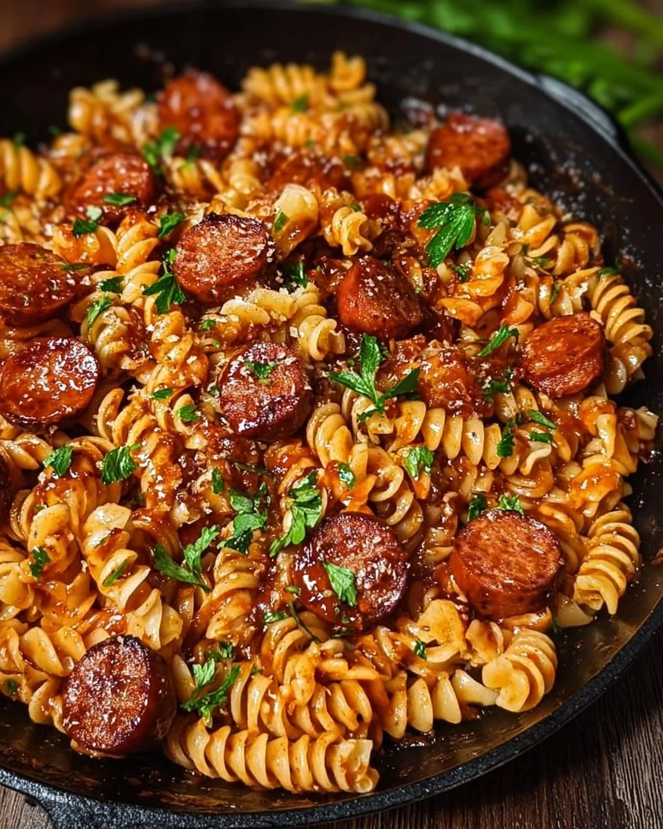 One-Skillet Spicy Honey BBQ Sausage &amp; Pasta
