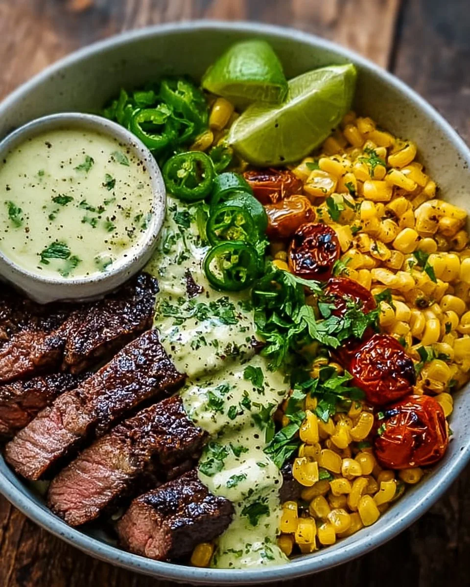 Steak, Avocado, and Roasted Corn Bowl with Cilantro Cream Sauce