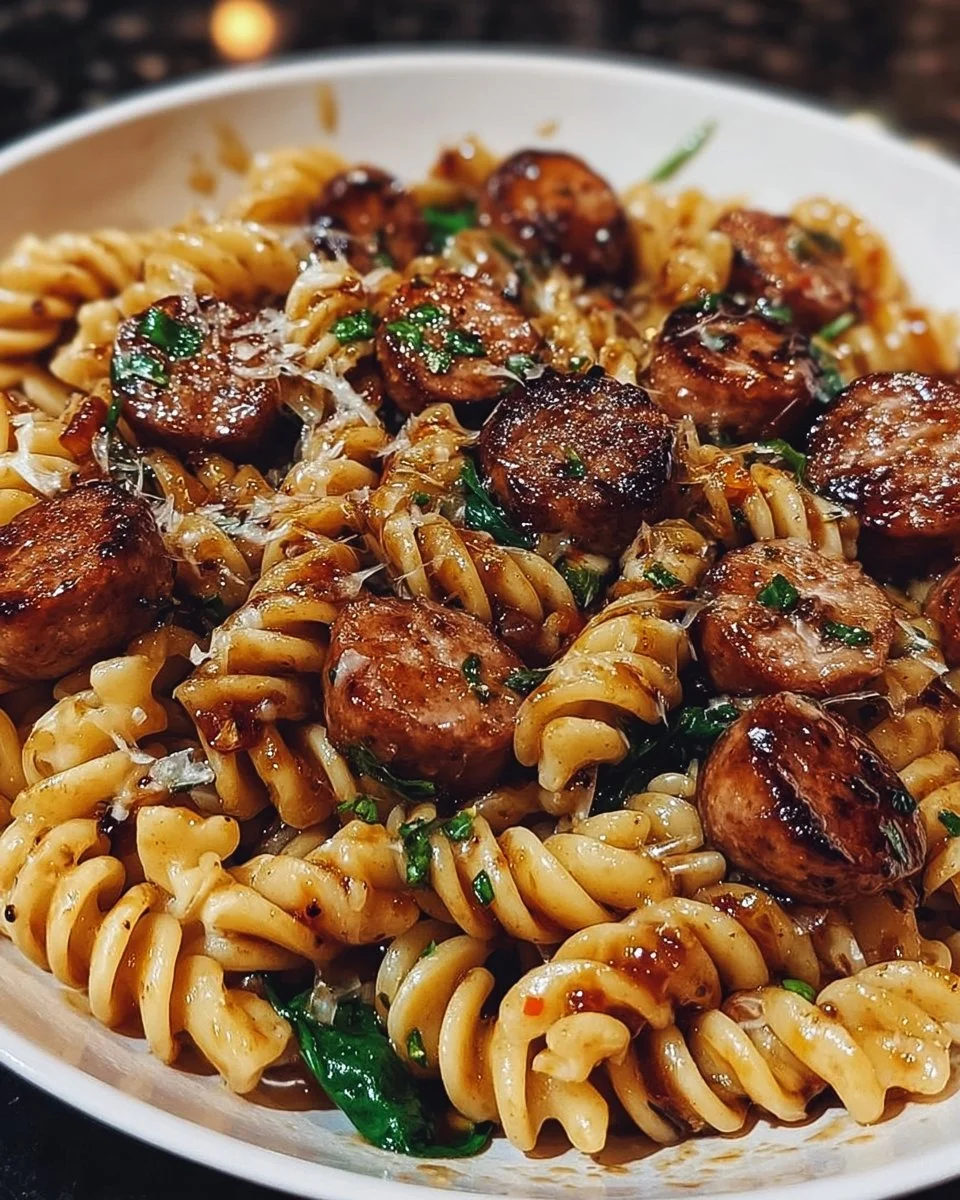 Sticky Honey Garlic Sausage Pasta Skillet