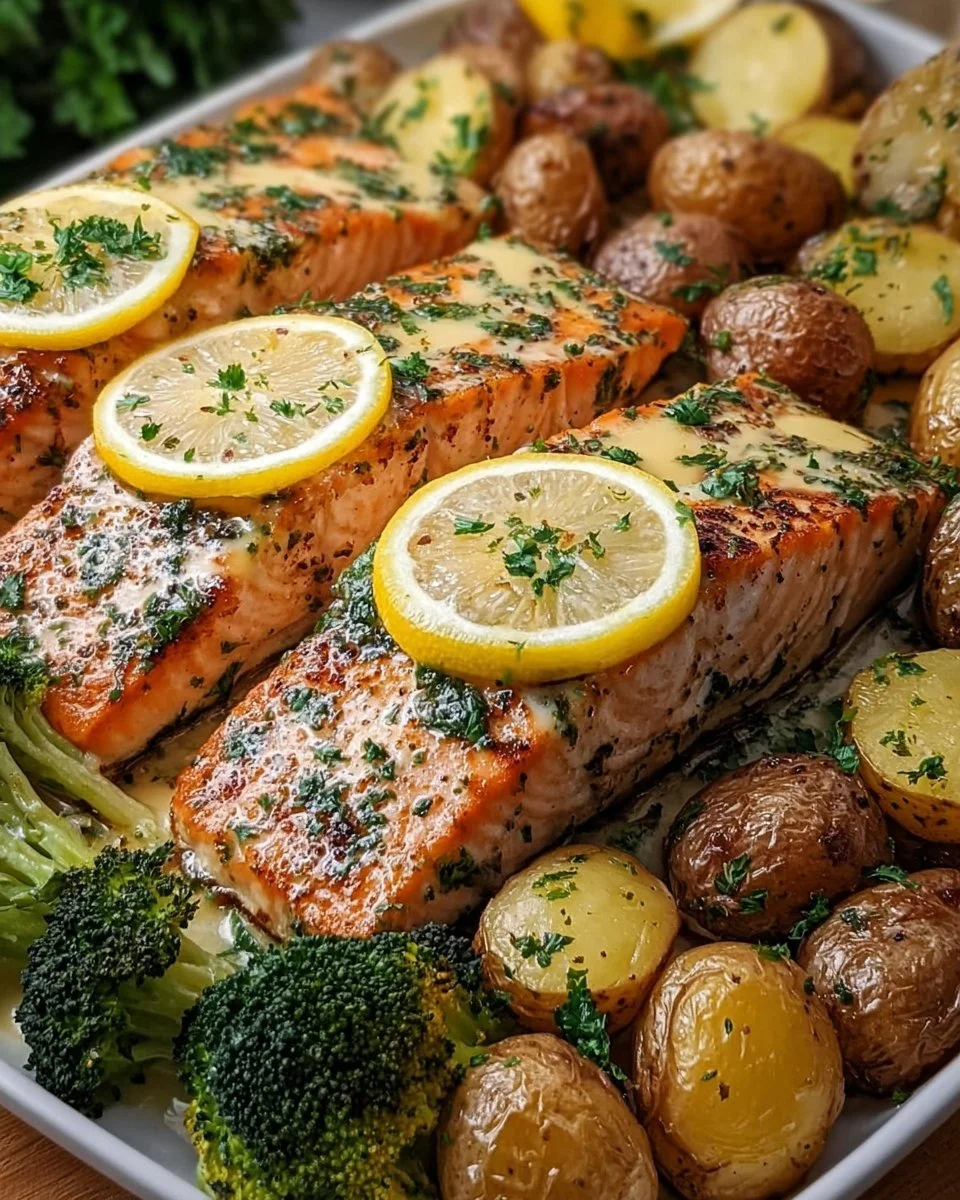 Lemon Butter Salmon Crispy Potatoes
