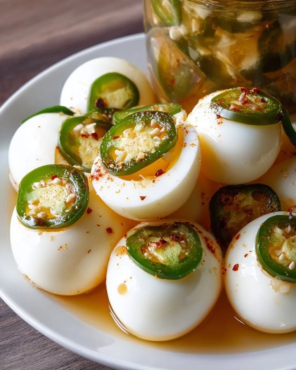 Spicy jalapeno pickled eggs served in a jar for a bold snack option