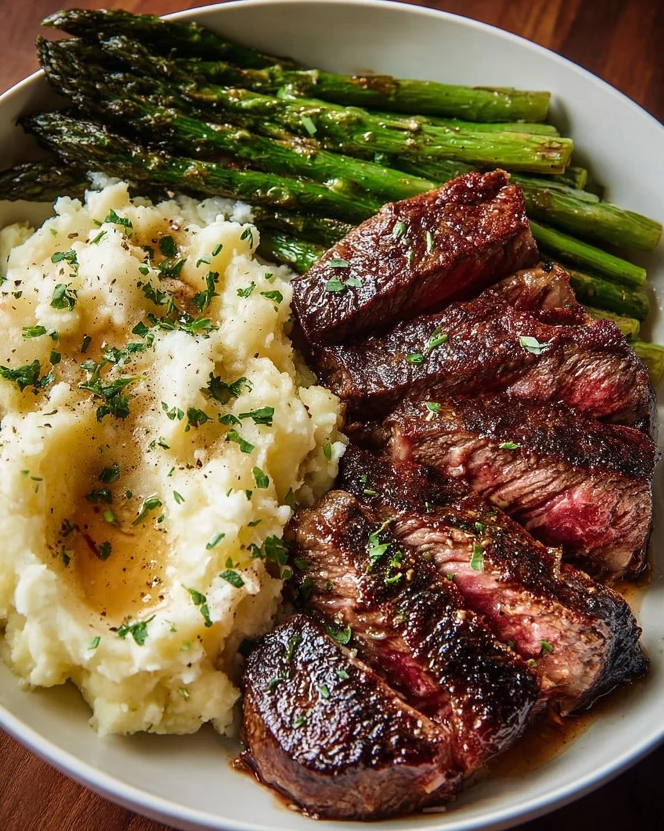 Easy Gourmet Steak with Mashed Potatoes and Asparagus