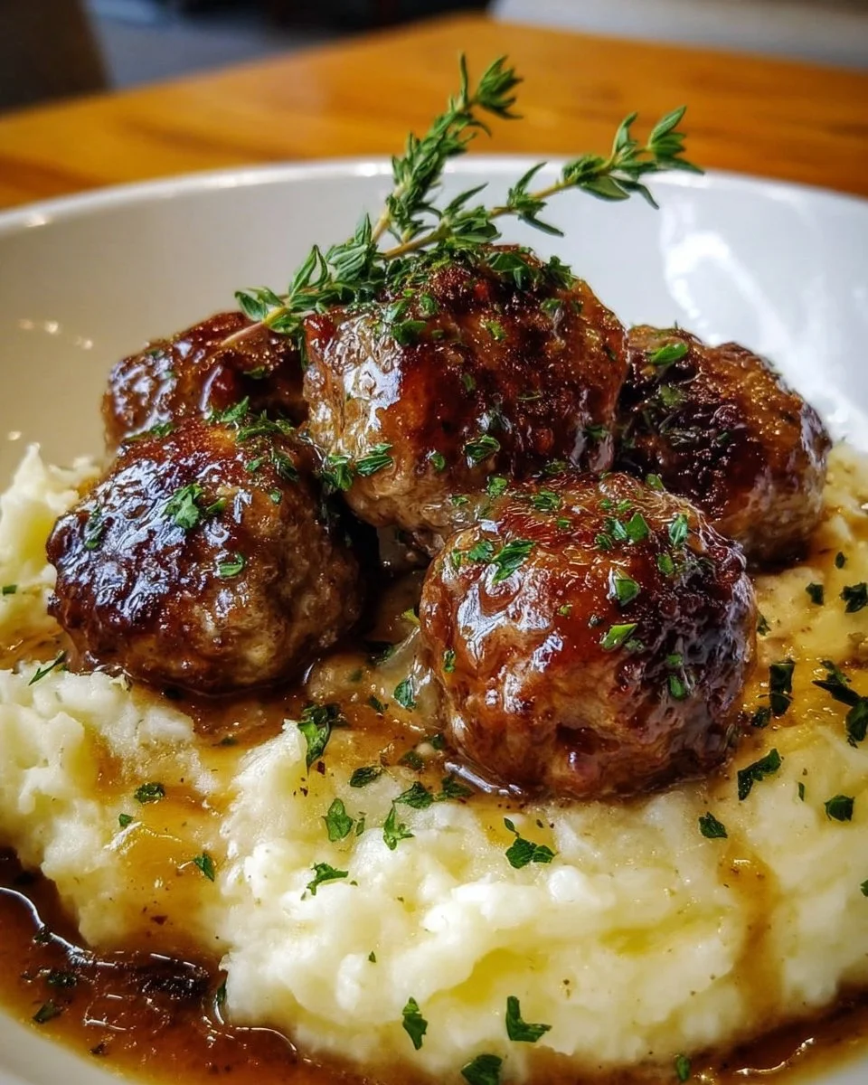 Salisbury Steak Meatballs with Garlic Herb Mashed Potatoes
